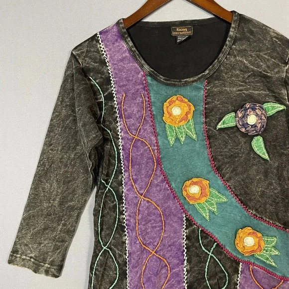 Rising International Top Size Medium M Boho Embroidered 3D Art To Wear Patchwork - Picture 7 of 16